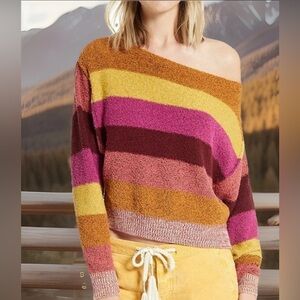 FREE PEOPLE Sweater Women XS Candyland Cropped Multicolor Boatneck Off-shoulder